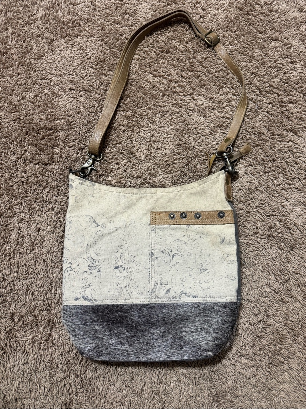 Myra Neutral Two-Tone Canvas & Haircalf Crossbody Bag